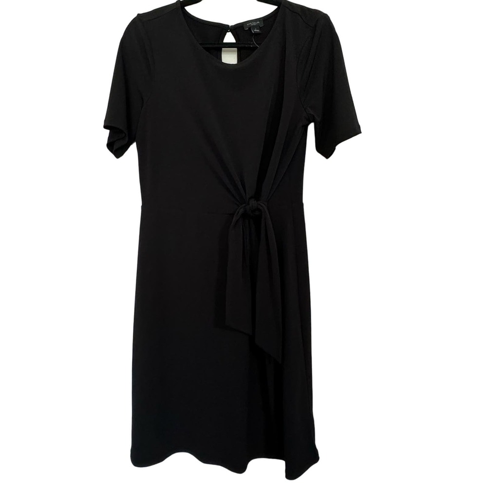 Ann Taylor Factory Womens Black Tie Front Midi Short Sleeve Keyhole Back Dress